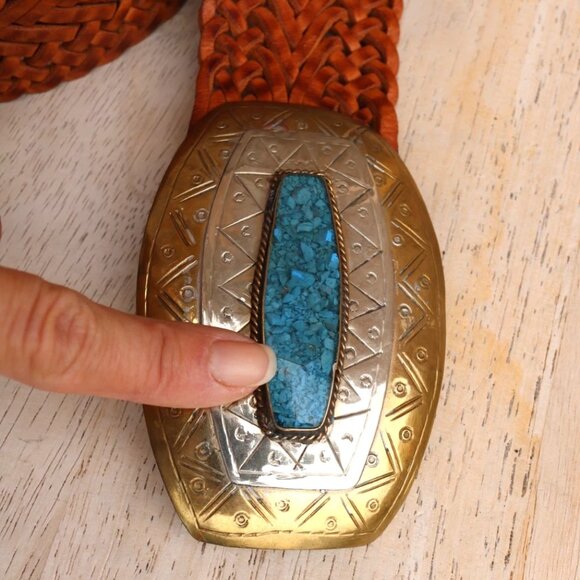 Chico's Moroccan Brown Leather Woven Belt Brass Silver Tone Buckle L - Picture 10 of 15